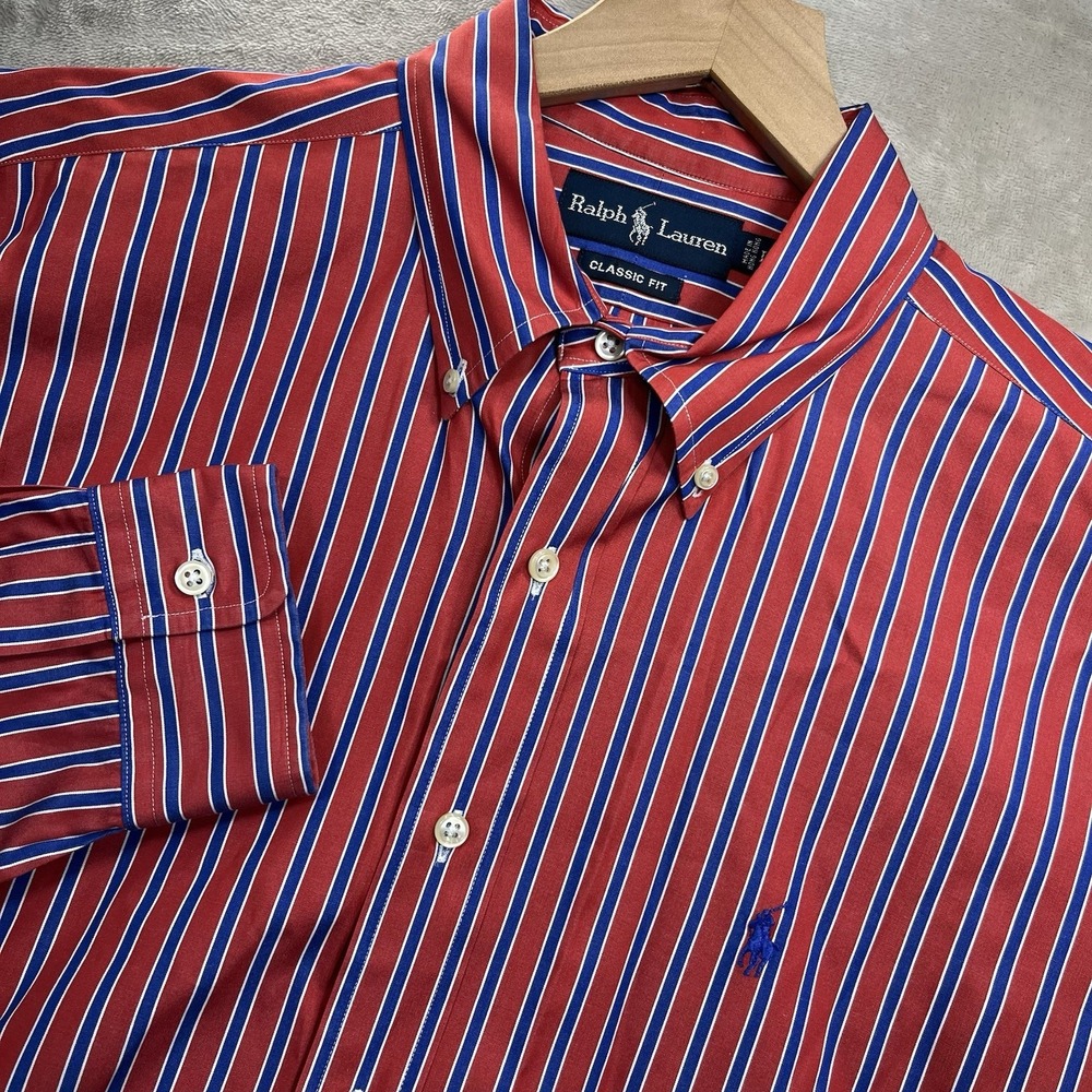 Ralph‎ Lauren Shirt Mens L Striped Red Blue White Classic Fit VTG